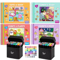 Kit 4 Livros de Colorir Coleção Cute Cozy Coloring Book Capa Dura Espiral Gramatura Alta + 2 Conj 48 Canetinhas