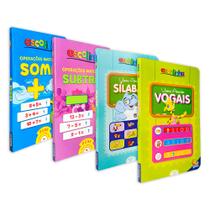 Kit 4 Livros Escolinha Vamos Aprender Vogais e Sílabas + Operações de Matemática Somar e Subtrair