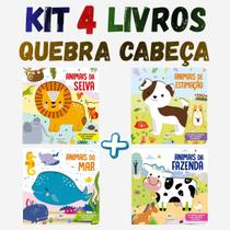 KIT 4 Livros QUEBRA CABEÇA ANIMAIS MAR SELVA ESTIMAÇÃO FAZENDA Para Crianças Interação Leitura Criatividade Interativo