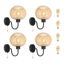 Kit 4 Luminária De Parede Fibra Natural Em Bambu Nat91 + Led