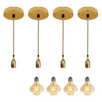 Kit 4 Luminárias Pendente Metal Copo Dourado + 4 Lâmpadas LED Retrô Vintage
