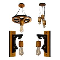 Kit 4 Luminárias Pergolado Sítio Madeira Maciça Rústica Colonial Pendentes Barril Roda Carroça, Arandelas Retrô Kit 4 Luminárias Pergolado Sítio Madeira Maciça Rústica Colonial Pendentes Barril Roda Carroça, Arandelas Retrô