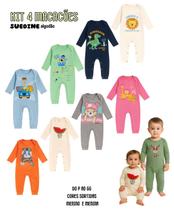 Kit 4 Macacão Bebê Longo Punhos Botão de pressão Menino Menina Algodão Suedine tamanhos P M G GG Enxoval Atacado estampas e cores variadas Kit 4 Macacão Bebê Longo Punhos Botão de pressão Menino Menina Algodão Suedine tamanhos P M G GG Enxoval Atacado estampas e cores variadas