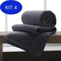 Kit 4 Manta De Microfibra Solteiro Cobertor 150x220cm Cinza