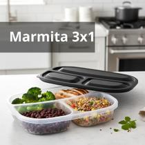 Kit 4 Marmitas 3 em 1 de 1 Litro, Vasilha Plástica com 3 Divisórias para Alimento.