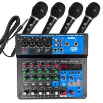 Kit 4 Microfones De Mão + Mesa De Som 6 Canais Bluetooth Mx-6t Podcast, Eventos, Igreja - MXT