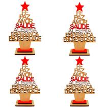 Kit 4 Mini Arvores de Natal de Madeira Vermelha Branca c/ Brilho Dourado Mágica