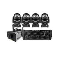 Kit 4 Mini Moving + Máquina De Fumaça 1200W + Mesa Dmx 384