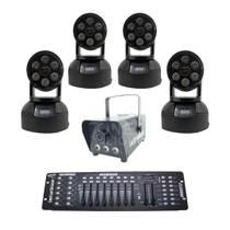 Kit 4 mini moving wash + máquina de fumaça + mesa dmx