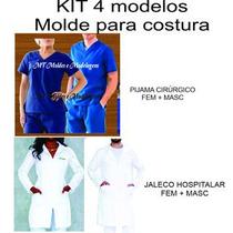 Kit 4 modelos moldes jaleco feminino + masculino e pijama cirúrgico feminino + masculino MOLDE PARA COSTURA.