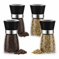 Kit 4 Moedor de Tempero Manual Vidro Inox Ajustável Tampa Moderno Gourmet Sal Saleiro Pimenta Pimenteiro Especiarias Cozinha Mesa Posta Decoração