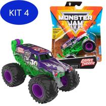 Kit 4 Monster Jam Truck Carro Grave Digger Wheelie Bar 1:64