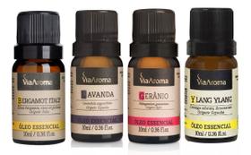 Kit 4 Óleos Essenciais Gerânio + Bergamot + Lavanda + Ylang Ylang VIA AROMA