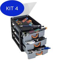 Kit 4 Organizador Com 3 Gavetas 25479 Multiuso Preto 7080 Arqplast