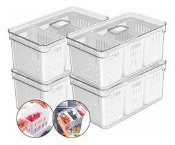 Kit 4 Organizador Geladeira Acrílico Três Cestos Drenagem 5L