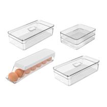 Kit 4 Organizadores De Geladeira Clear Fresh: Porta Ovos 7un, Porta Frios e 2 Potes Kit 4 Organizadores De Geladeira Clear Fresh: Porta Ovos 7un, Porta Frios e 2 Potes