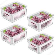 KIT 4 Organizadores de Geladeira com Escorredor Interno, 2,2 L - Caixa Plástica para Legumes, Saladas
