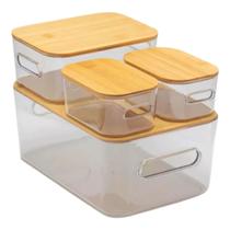 Kit 4 Organizadores Multiuso Porta Alimentos e Objetos Tampa Bambu