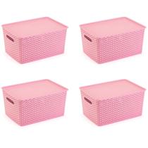 Kit 4 Organizadores Rattan Grande Cesto Rosa Com Tampa 36Cm