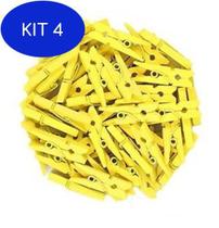 Kit 4 Pacote 100 Mini Prendedores Em Madeira 25 Mm - Amarelo
