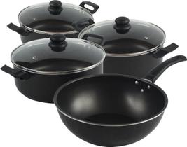 Kit 4 Panelas Antiaderentes Madefer Inox Preto Wok 26 cm e Caçarolas 16,18,22 cm com Tampa de Vidro Kit 4 Panelas Antiaderentes Madefer Inox Preto Wok 26 cm e Caçarolas 16,18,22 cm com Tampa de Vidro