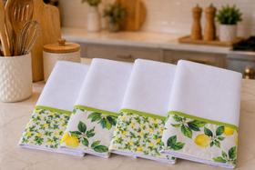 Kit 4 Panos de Prato Limão Siciliano 100% Algodão Branco com Barrado Matelado Kit 4 Panos de Prato Limão Siciliano 100% Algodão Branco com Barrado Matelado
