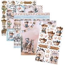 Kit 4 Papéis Scrap 180g 1399-1402 +1 Adesivo ADL3-070 Ursinho Cowboy - Litoarte