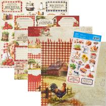 Kit 4 Papéis Scrap 180g 1414-1417 +1 Adesivo ADL3-073 Cozinha Country - Litoarte