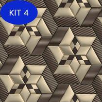 Kit 4 Papel De Parede 3D Marrom E Dourado Geometrico