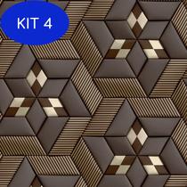 Kit 4 Papel De Parede 3D Marrom E Dourado Geometrico