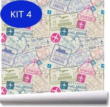 Kit 4 Papel de parede viagem carimbo passaporte países - Quartinho Decorado