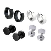 Kit 4 pares de Brinco argola Falso Alargador Preto Prata e Argola Preta Prata Masculino feminino