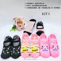 Kit 4 pares de meia infantil modelo sapatilha com antiderrapante para crianças de 6 á 8 anos menina ótima qualidade