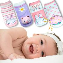 Kit 4 Pares Meia Menina bebê antiderrapante 0 a 2 anos