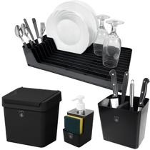 Kit 4 Pç Dispenser + Escorredor de Louça Talheres + Lixeira 2,5 Litros Com Tampa Cozinha Preto - Pop Crippa