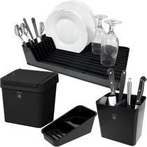 Kit 4 Pç Organizador de Pia + Escorredor de Louça Talheres + Lixeira 2,5 Litros Com Tampa Cozinha Preto - Pop Crippa Kit 4 Pç Organizador de Pia + Escorredor de Louça Talheres + Lixeira 2,5 Litros Com Tampa Cozinha Preto - Pop Crippa