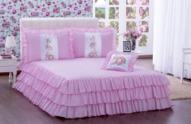 Kit 4 Pçs Cobre Leito Colcha Casal Padrão Sofia com Babados Rosa Kit 4 Pçs Cobre Leito Colcha Casal Padrão Sofia com Babados Rosa