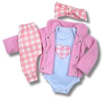 Kit 4 Pçs Conjunto Roupa de Frio Bebê Menina Casaco Polar Tedy com Body Manga Longa Calça e Faixa Inverno Combo c19750