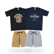 Kit 4 Peças = 2 Conjuntos De Roupa Juvenil Menino Masculino Manga curta e Short Liso