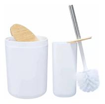Kit 4 Peças Banheiro Branco Tampa Bambu Lixeira Porta Escova