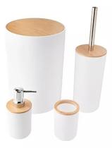 Kit 4 Peças Banheiro Branco Tampa Bambu Lixeira Porta Escova Saboneteira Kit 4 Peças Banheiro Branco Tampa Bambu Lixeira Porta Escova Saboneteira