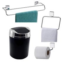 Kit 4 Peças Banheiro Lixeira + Papeleira + Toalheiro Duplo + Argola Cromado - Future