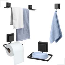 Kit 4 Peças Banheiro Papeleira Saboneteira Gancho Toalheiro De Banho Adesivo 3m Preto Fixação Dupla Face Arthi Kit 4 Peças Banheiro Papeleira Saboneteira Gancho Toalheiro De Banho Adesivo 3m Preto Fixação Dupla Face Arthi