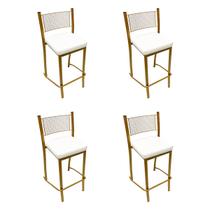 Kit 4 Peças Banqueta Média para Bancada Empilhável cor Dourado Fosco assento branco Altura 65cm