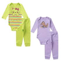 Kit 4 Peças Bebê Body Mijão Menina Manga Longa Algodão