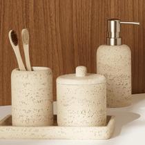 Kit 4 Peças Bege Banheiro Lavabo Pedra Conjunto Porta Sabonete Copo Multiuso Pote com Tampa Bandeja Luxo