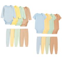 Kit 4 Peças Body Bebê Manga Longa e Mijão Listrado Body Manga Curta Liso e Mijão Liso Cores Sortidas
