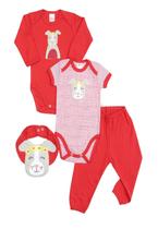 Kit 4 peças body, calça e babador Best Club Baby vermelho bordado cachorro