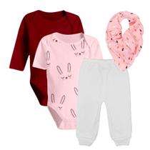 Kit 4 Peças Body Longo E Curto, Mijão E Babador Bebê Algodão Kit 4 Peças Body Longo E Curto, Mijão E Babador Bebê Algodão