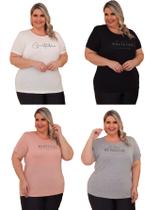 Kit 4 Peças - Camiseta Feminina Plus Size Estampa Sortida Básica Dia a Dia Toque Macio Kit 4 Peças - Camiseta Feminina Plus Size Estampa Sortida Básica Dia a Dia Toque Macio